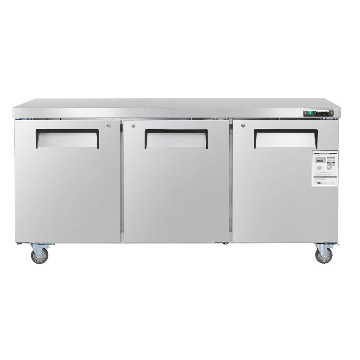 72" W Commercial Freezer, 17.7 Cu.Ft Worktop Freezers Undercounter with LED Auto Lighting and Lockable Door, 3 Doors Food Freezing Prep Worktable, Stainless Steel Prep Frozen Table with Casters