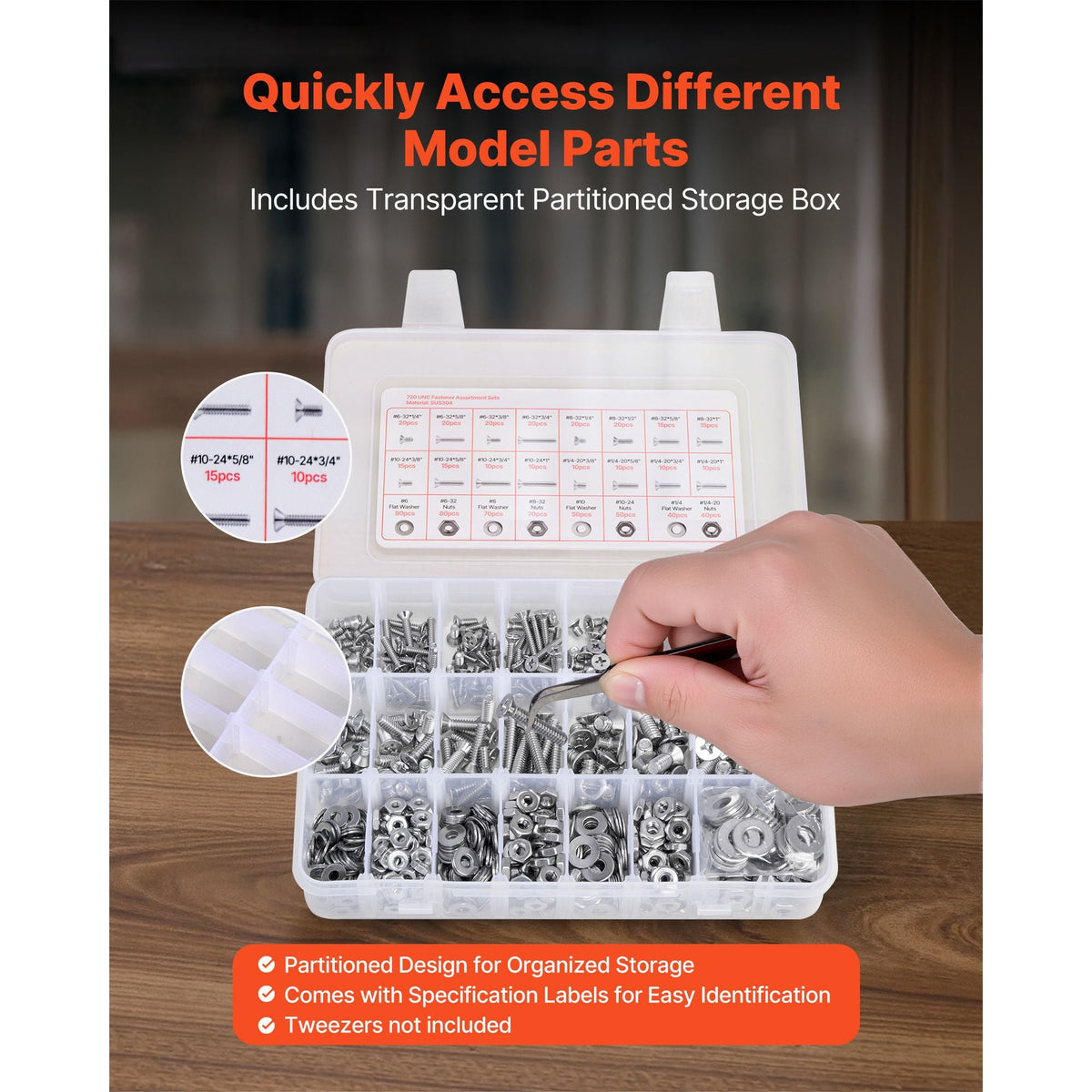 720 Pcs Bolts and Nuts Assortment Kit, Imperial Machine Screws and Flat Washers, Stainless Steel 6-32,8-32,10-24,1/4-20, for Furniture /Equipment/Vehicle Assembly, Silver
