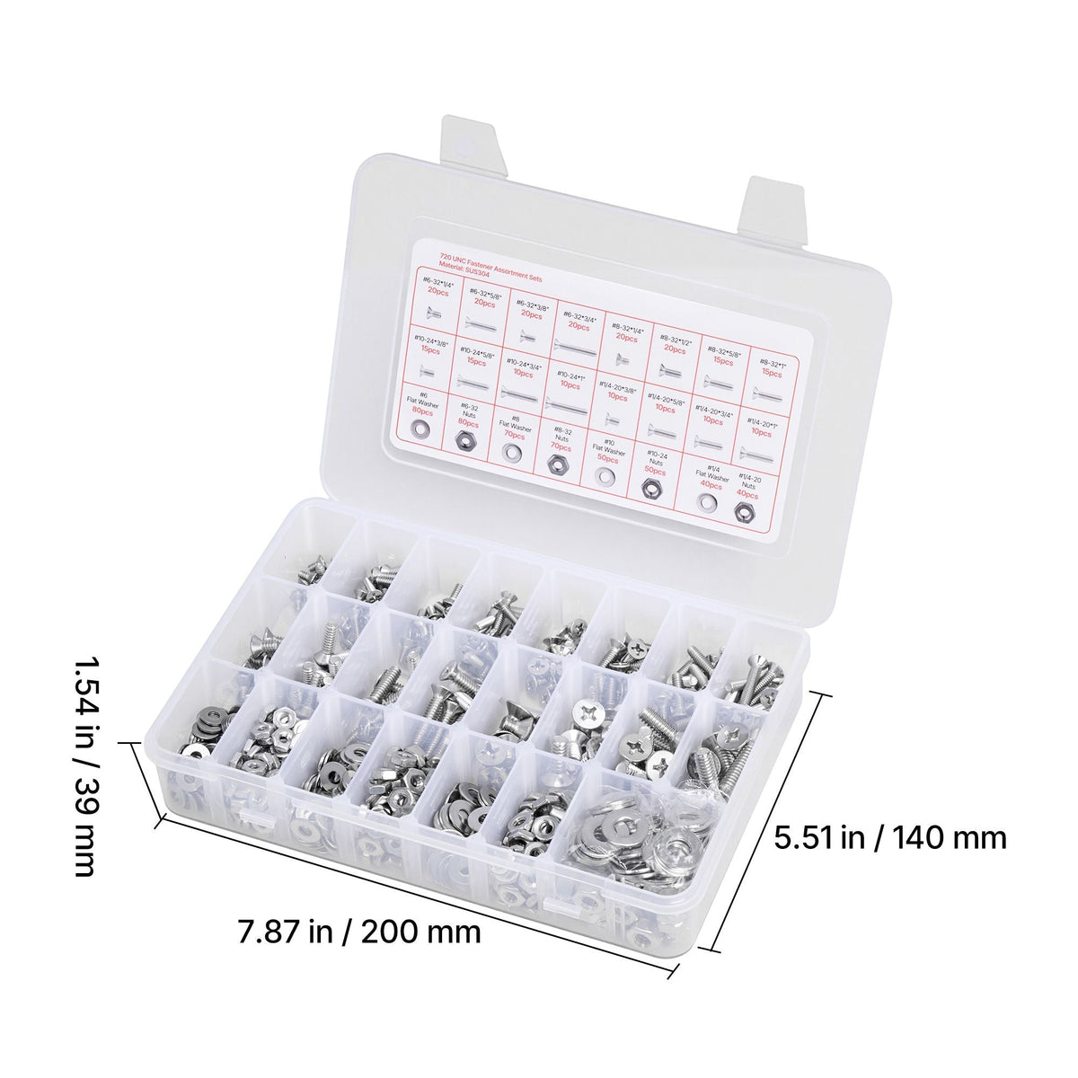 720 Pcs Bolts and Nuts Assortment Kit, Imperial Machine Screws and Flat Washers, Stainless Steel 6-32,8-32,10-24,1/4-20, for Furniture /Equipment/Vehicle Assembly, Silver