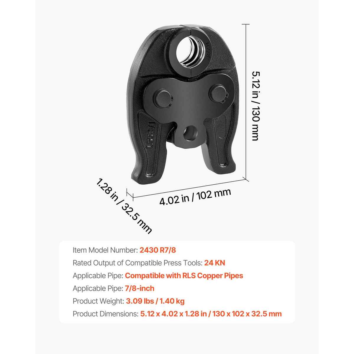 7/8" Press Jaw for Compact Series Press Tools, 52 HRC Hardened Steel Pressing Jaw for High Pressure HVAC/R Applications - Compatible with 24KN Press Tools for RLS Copper Pipes Connections