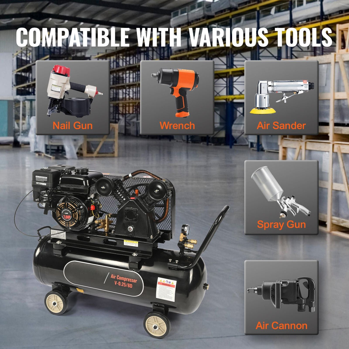 7HP Gas Powered Air Compressor, 21 Gallon Horizontal Air Compressor Tank, 9CFM@115PSI Gas Driven Piston Pump Air Compressed System with 115PSI Max Pressure for Construction Sites Workshop