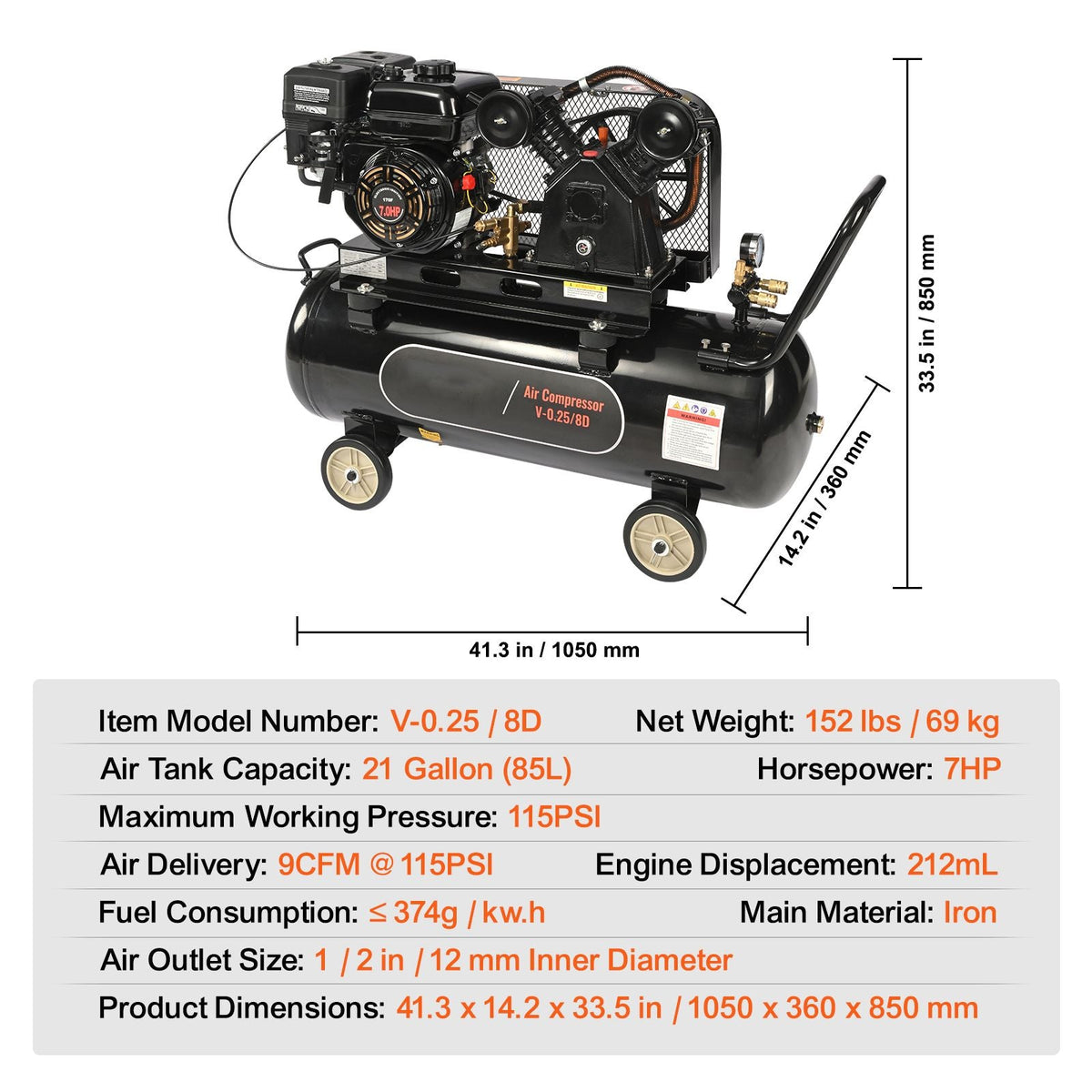 7HP Gas Powered Air Compressor, 21 Gallon Horizontal Air Compressor Tank, 9CFM@115PSI Gas Driven Piston Pump Air Compressed System with 115PSI Max Pressure for Construction Sites Workshop