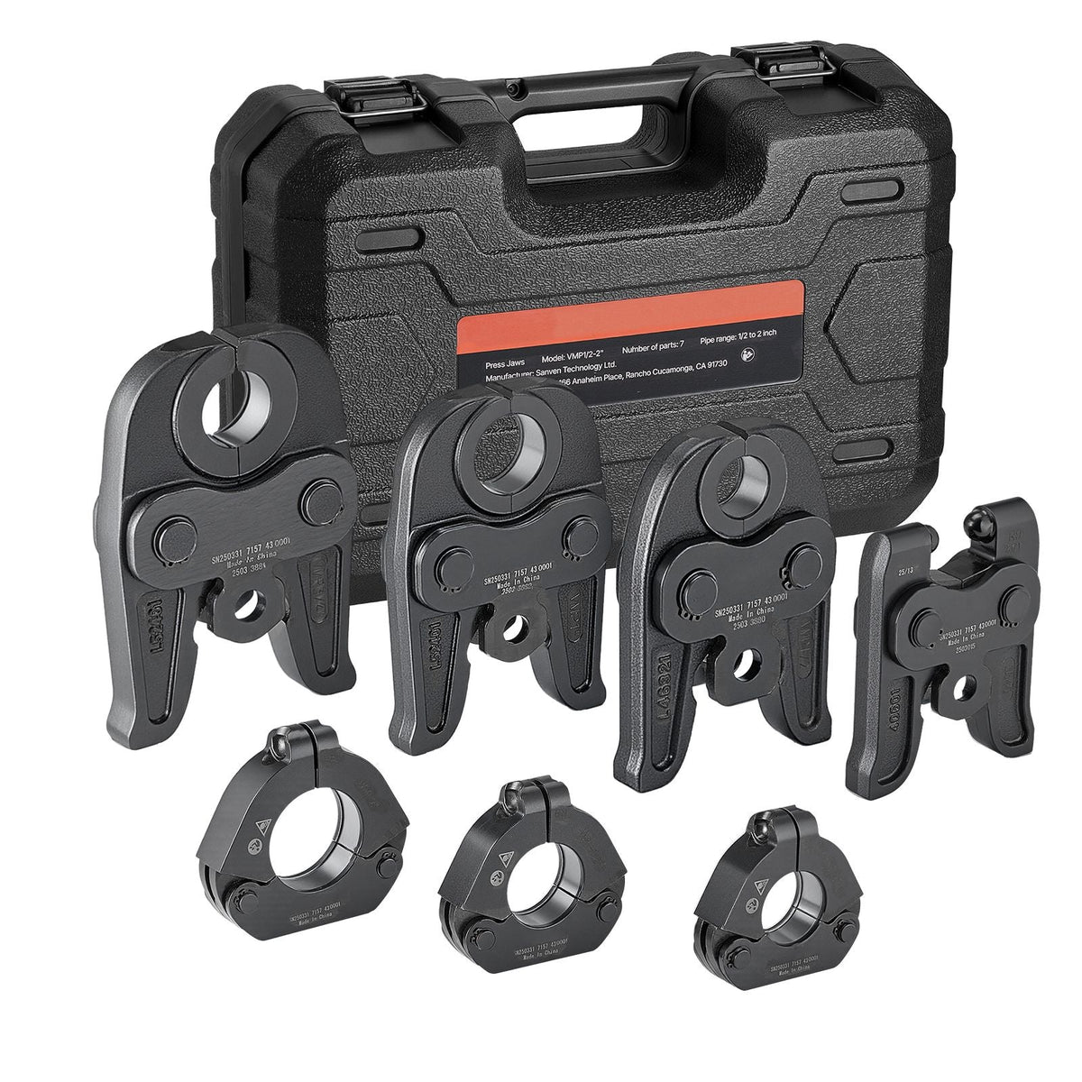 7PCS MegaPress Pressing Kit 1/2" to 2" - 3PCS Press Jaws, 3PCS Press Rings, 1PCS Actuator for MegaPress Carbon Steel Pipes, Compatible with Standard Press Tools - with Case