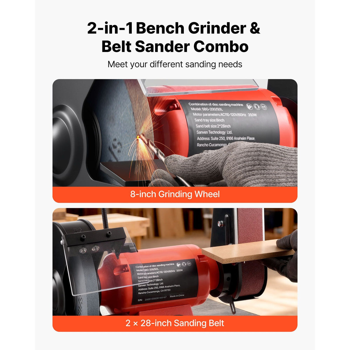 8" Bench Grinder & 2" x 28" Belt Sander Combo, 350W Professional Grinding Sanding Machine with LED Work Light & Protective Eye Shield for Metalworking, Woodworking, Knife Sharpening