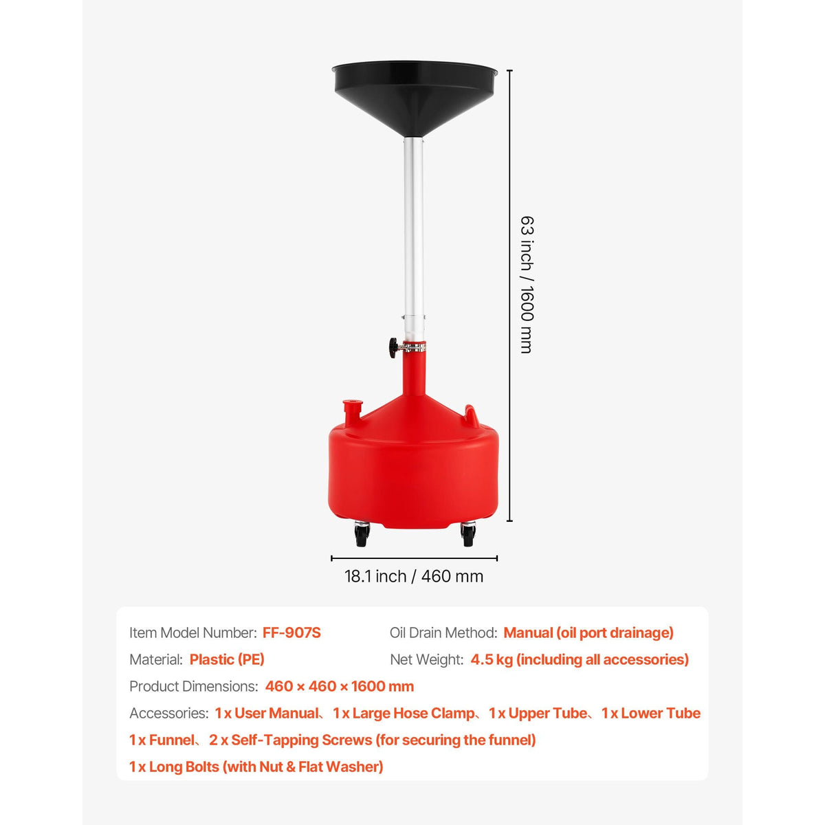 8 Gallon Waste Oil Drain Tank, Industrial Fluid Drain Tank with Adjustable Funnel Height, Portable Oil Drainer with Wheels, Fluid Fuel Transfer Drainage for Auto Repair Shops, Garages, Red