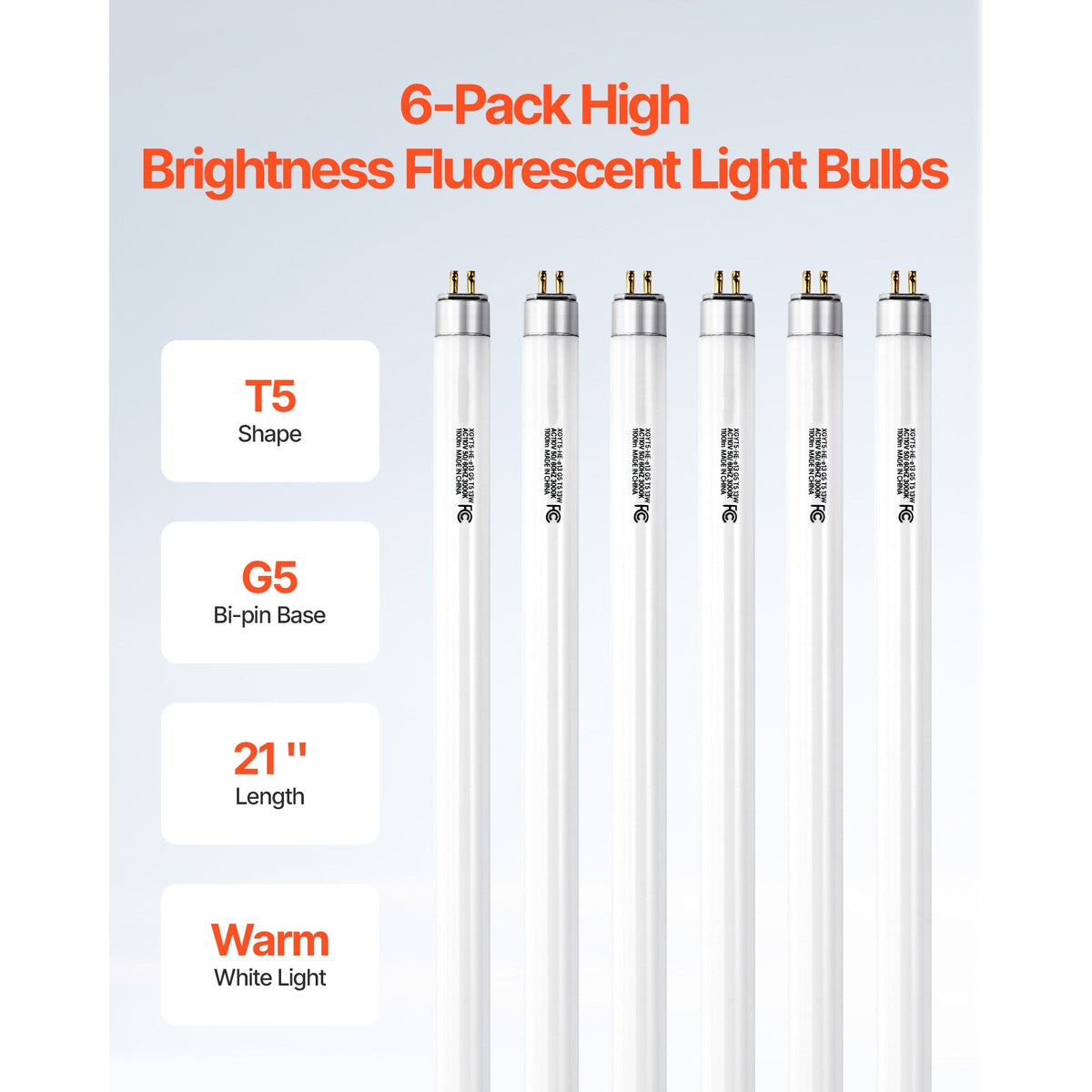 8 Pack T5 Fluorescent Light Bulbs, 21-Inch Linear, Fluorescent Tube Lamp with 3000K Warm White, 13 Watts, G5 Bi-Pin Base, 1100 Lumens, Replacement Bulb, for Under Cabinet Counter Fixture, Closet
