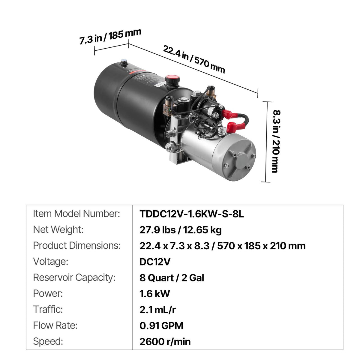 8 Quart Hydraulic Power Unit, Double Acting Dump Trailer Pump, 3200 PSI Max Relief Pressure & 0.91 GPM Flow Rate, DC 12V Hydraulic Pump with Metal Reservoir for Dump Trailer Car Lifting