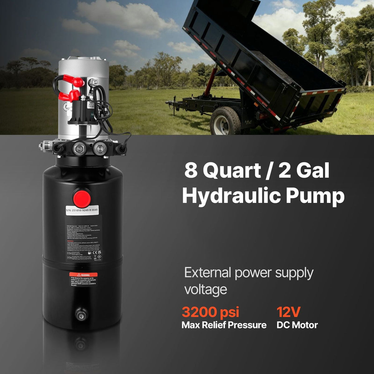 8 Quart Hydraulic Power Unit, Double Acting Dump Trailer Pump, 3200 PSI Max Relief Pressure & 0.91 GPM Flow Rate, DC 12V Hydraulic Pump with Metal Reservoir for Dump Trailer Car Lifting