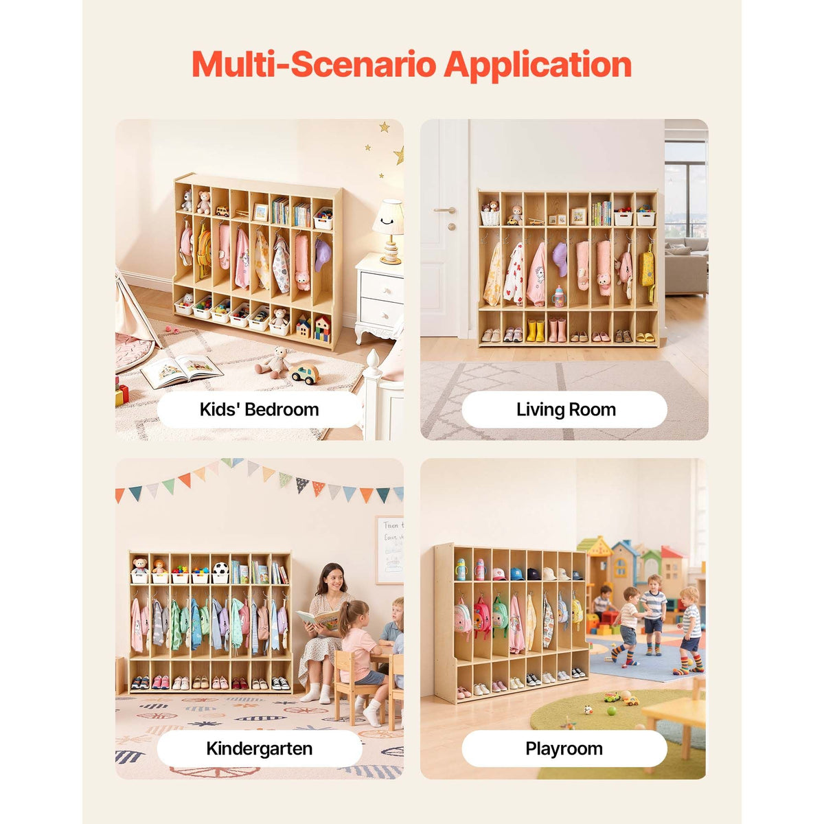 8-Section Kids Coat Locker, Wooden Toddler Cubby Storage Organizer with 16 Hooks & Anti-Tip Kit, Modern Kid Coat Cubbies with 16 Small Open Storage Boxes for Home, Kindergarten, Daycare, Natural