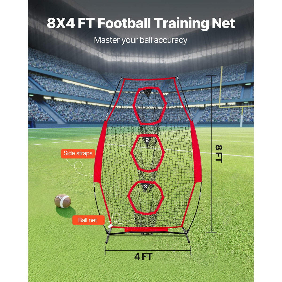 8 x 4 inch Football Trainer Throwing Net, Training Throwing Target Practice Net with 5 Target Pockets, Knotless Net Includes Straps and Portable Carry Case, Improve QB Throwing Accuracy, Red