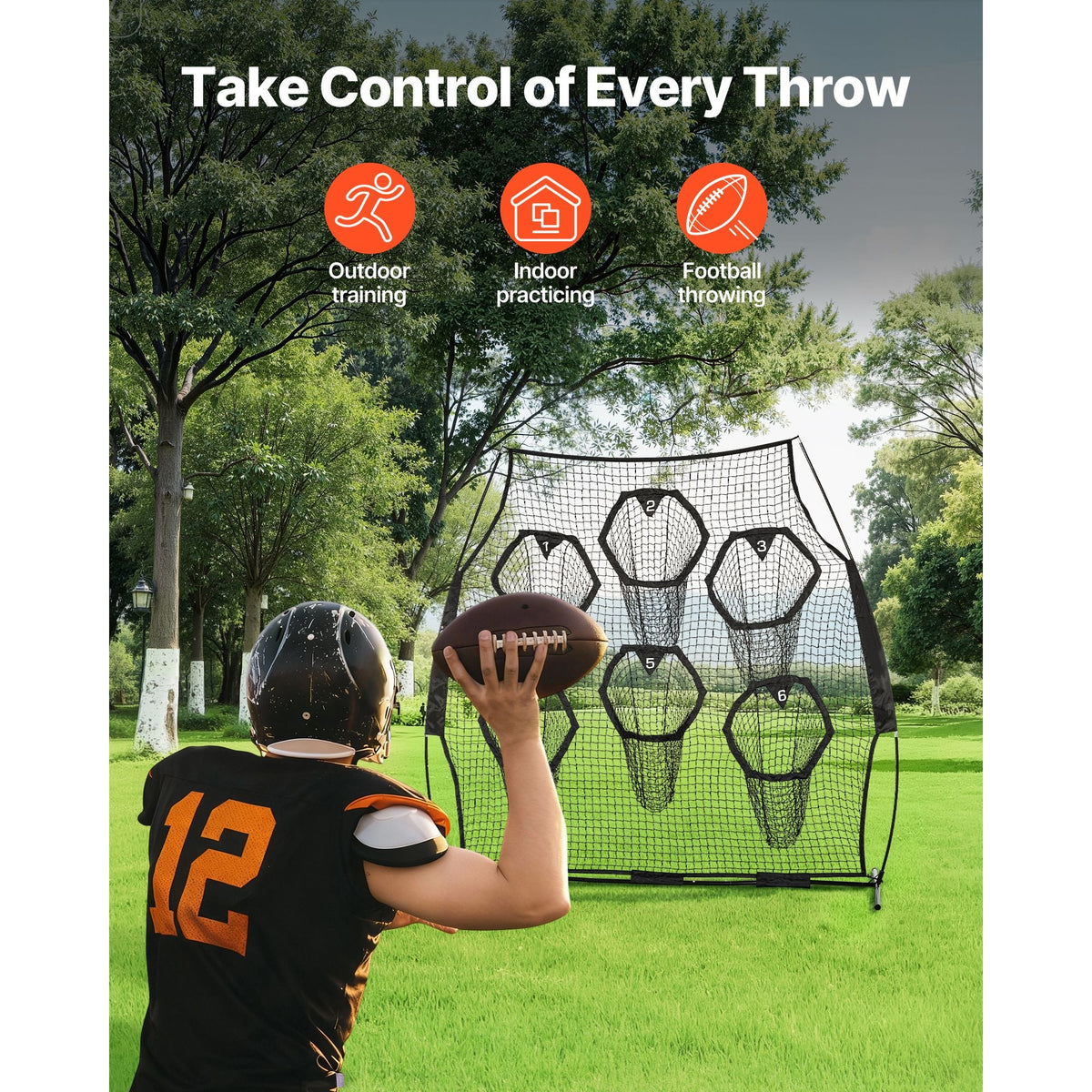 8 x 8 ft Football Trainer Throwing Net, Training Throwing Target Practice Net with 6 Target Pockets, Knotless Net Includes Straps and Portable Carry Case, Improve QB Throwing Accuracy, Black