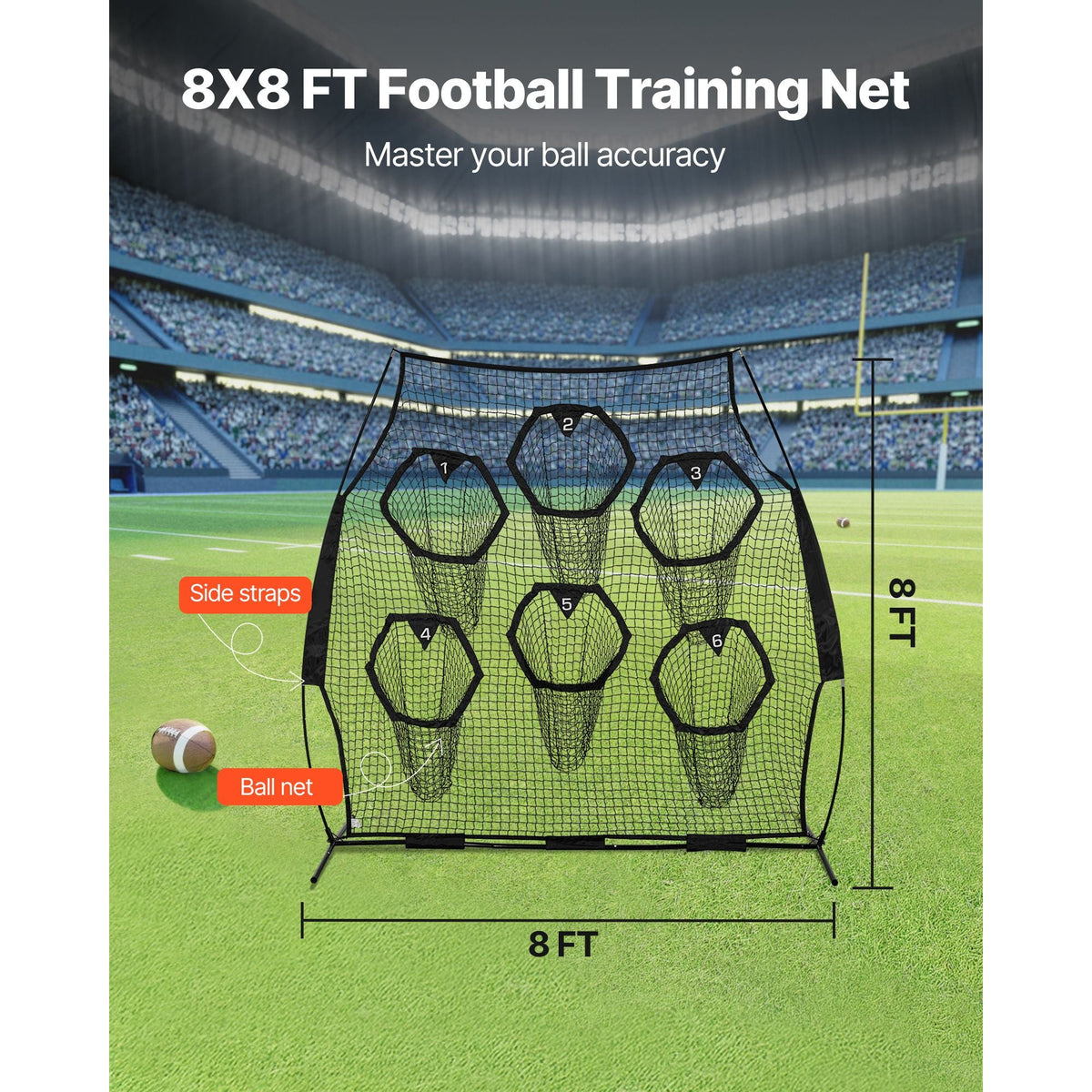 8 x 8 ft Football Trainer Throwing Net, Training Throwing Target Practice Net with 6 Target Pockets, Knotless Net Includes Straps and Portable Carry Case, Improve QB Throwing Accuracy, Black