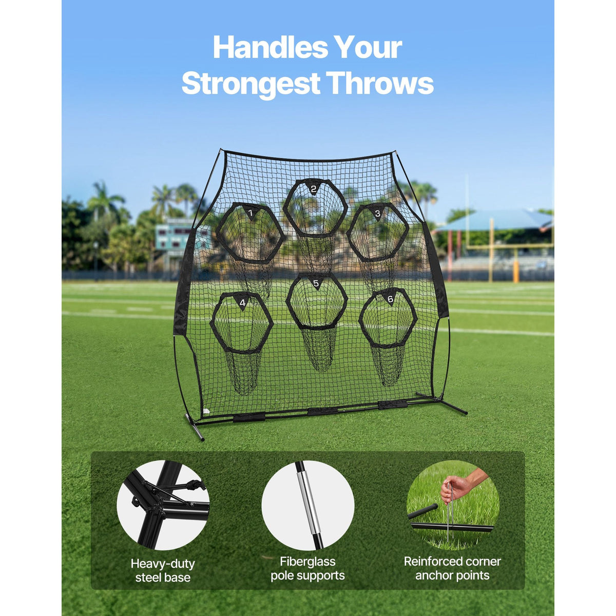 8 x 8 ft Football Trainer Throwing Net, Training Throwing Target Practice Net with 6 Target Pockets, Knotless Net Includes Straps and Portable Carry Case, Improve QB Throwing Accuracy, Black