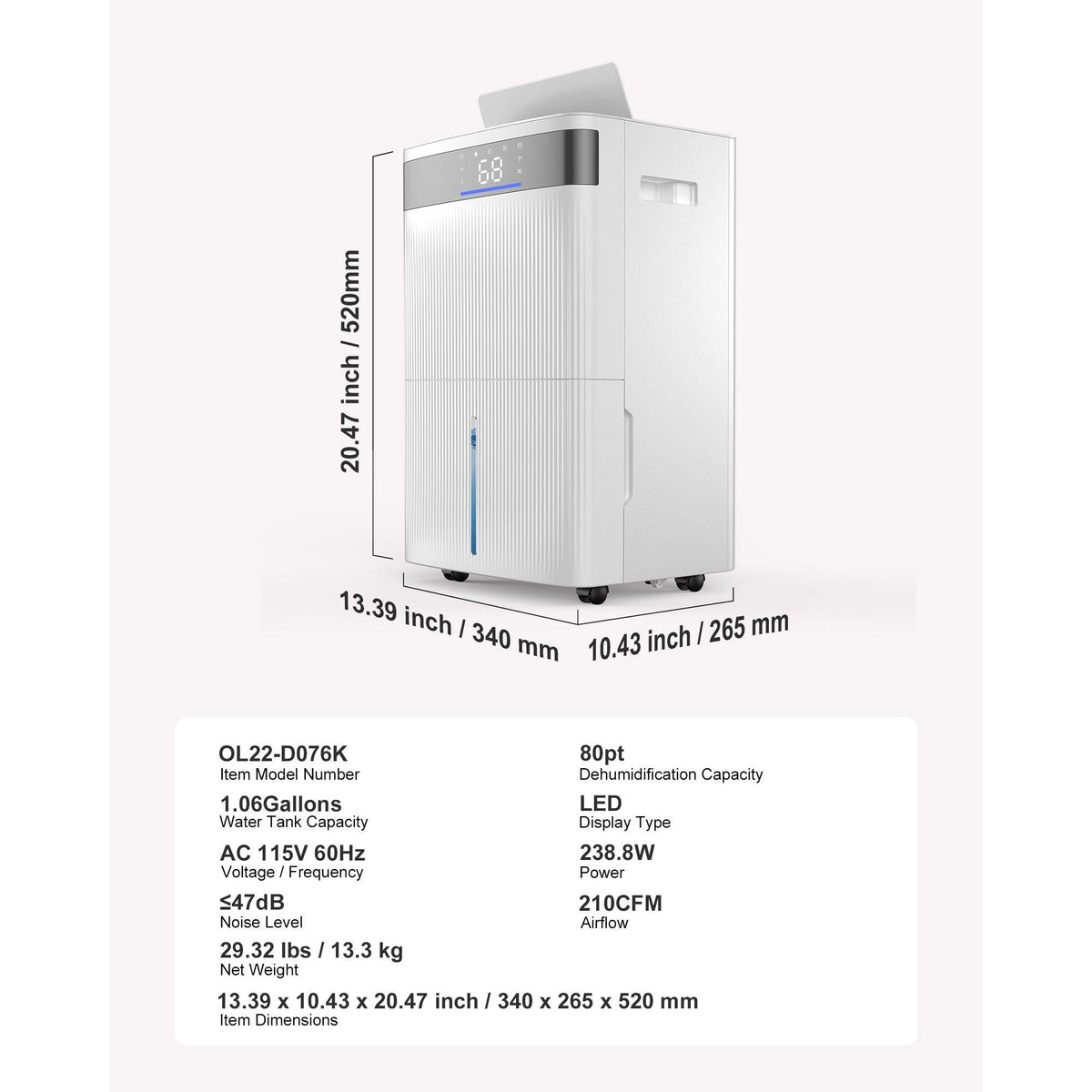 80 Pints Dehumidifier for Home & Basement, Drain Hose for Commercial & Industrial Use, Smart Humidity Control, Low Noise for Large Rooms, Warehouses, Bedrooms & Storage, Large Coverage,White