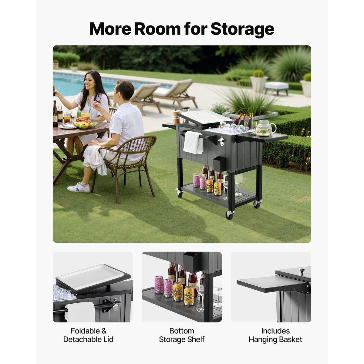 80QT Rolling Ice Chest, Holds up to 50 Bottles / 110 Cans, Portable Patio Party Bar Drink Cooler Cart with Bottom Shelf & Foldable Side Shelves, Beverage Pool with Swivel Wheels & Bottle Opener