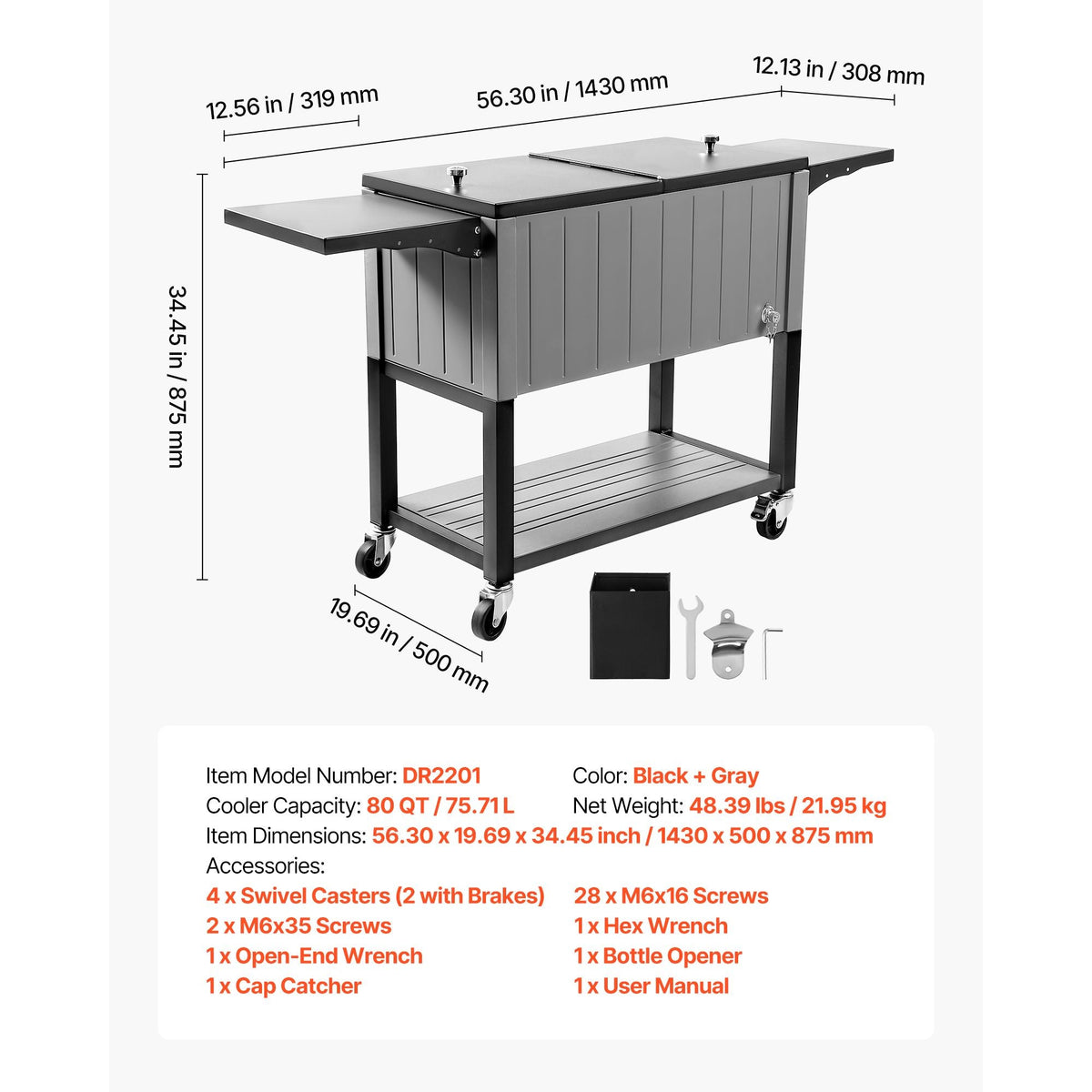 80QT Rolling Ice Chest, Holds up to 50 Bottles / 110 Cans, Portable Patio Party Bar Drink Cooler Cart with Bottom Shelf & Foldable Side Shelves, Beverage Pool with Swivel Wheels & Bottle Opener