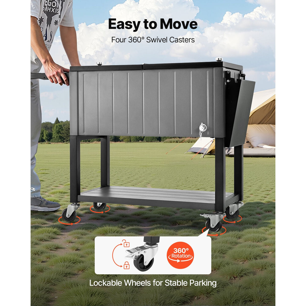 80QT Rolling Ice Chest, Holds up to 50 Bottles / 110 Cans, Portable Patio Party Bar Drink Cooler Cart with Bottom Shelf & Foldable Side Shelves, Beverage Pool with Swivel Wheels & Bottle Opener