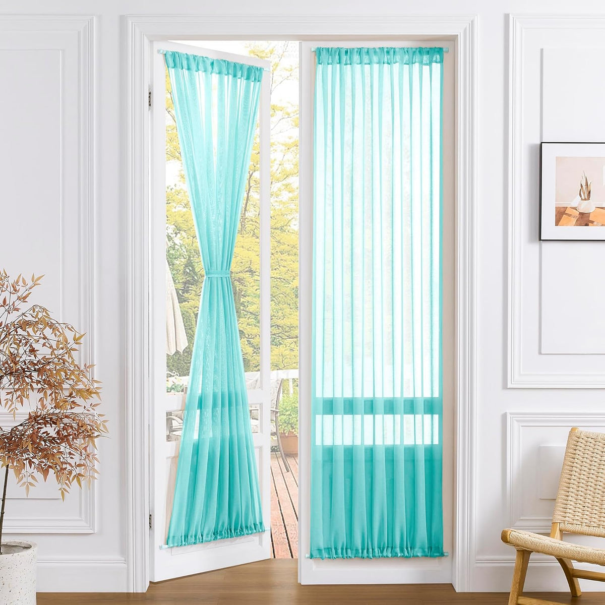 Tollpiz Sheer Door Curtains Closet Linen Textured Curtain Sheers Doorway Light Filtering Voile Patio Door Rod Pocket Curtains French Door, 54 x 80 inches Long, Aqua Blue, Set of 1 Panel