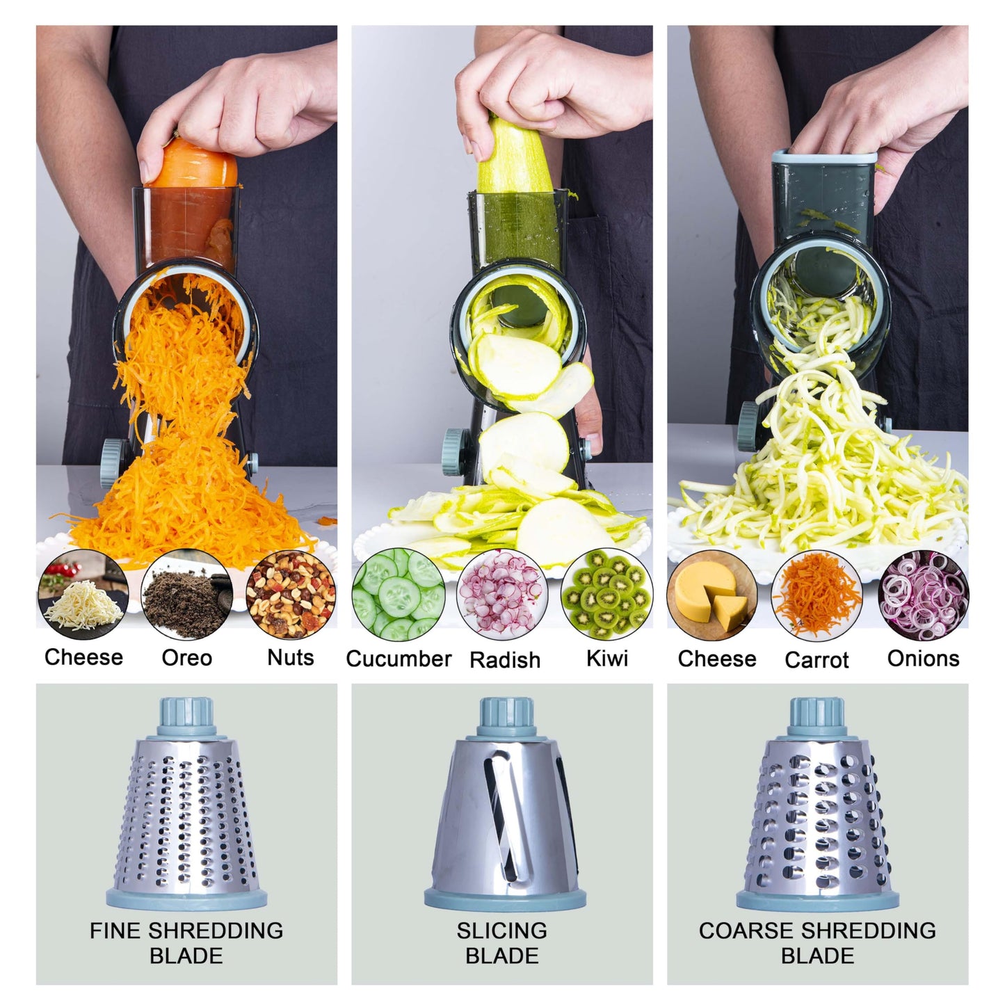 Rotary Cheese Grater Cheese Shredder, Cheese Grater Handheld with Strong Suction Base,Kitchen Vegetable Slicer 3 Replaceable Stainless Drum Blades for Fruit, Food, Nuts,Easy to Use Clean (Blue)