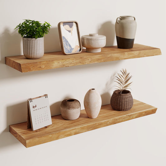 Axeman 30 inch Floating Shelves for Wall - 8'' D Live Edge Rustic Solid Elm Wood Floating Shelves Wall Mounted, Wall Shelves with Invisible Bracket for Living Room Bedroom Kitchen, Set of 2 Natural