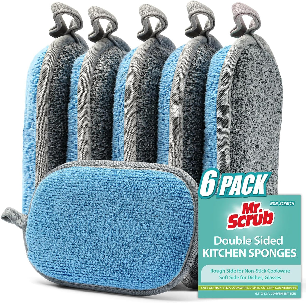 Sponges Kitchen Dish Sponge for Washing Dishes Cleaning Kitchen, All-Purpose, 6 Pack, Non Scratch, Rough Scrubbers Side for Non-Stick Cookware, Soft Microfiber Scrub Side for Dishes, Mr. Scrub