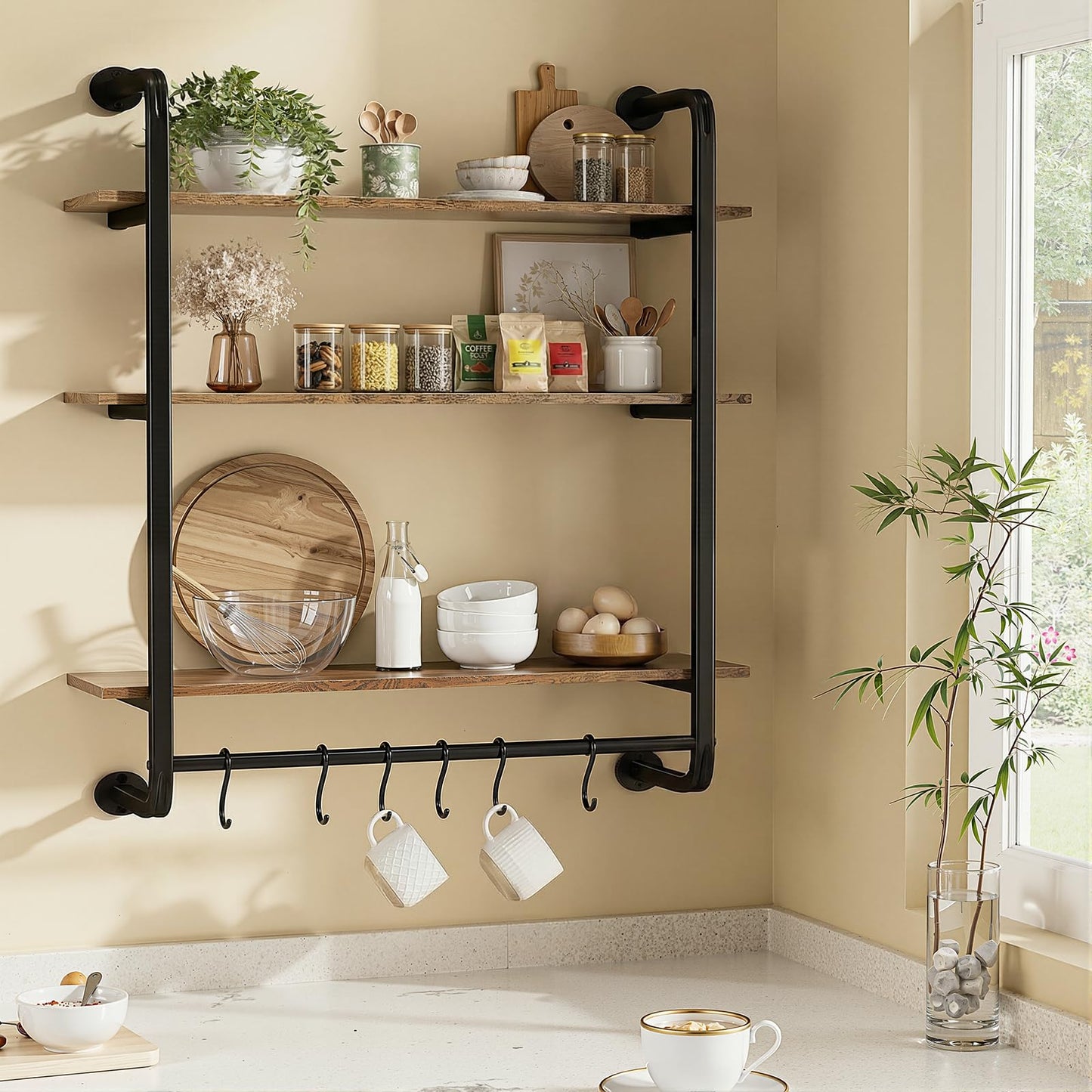 Kssiaz 3 Tier Industrial Pipe Floating Shelf, 24" Kitchen Wall Shelves with Towel Bar & 6 Hooks, Coffee Bar Shelves Display Bookshelf Wall Shelf for Kitchen, Bathroom, Home Décor, Rustic Brown