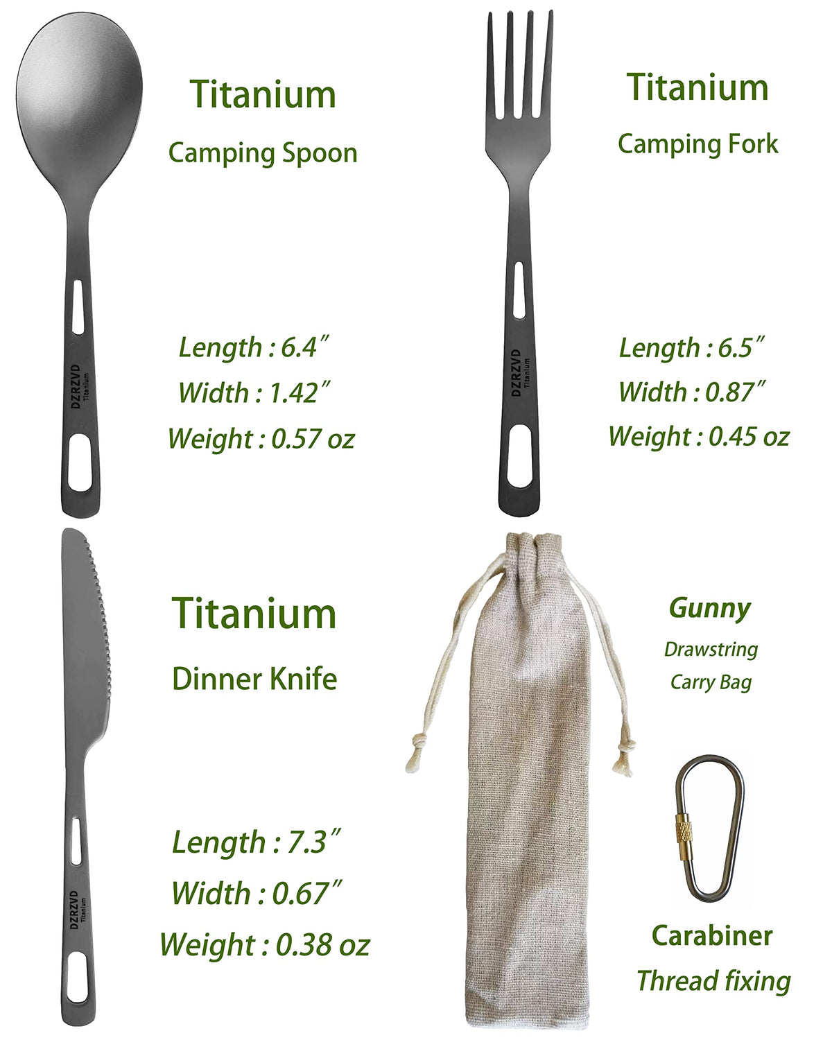 DZRZVD Titanium Utensils Set, Ultra-light Titanium Spoon Fork Knife with Carabiner, Camping Dishware, Traveling Dinnerware, Backpacking Miss Kit, Portable Cutlery for Outdoors Hiking Coffee