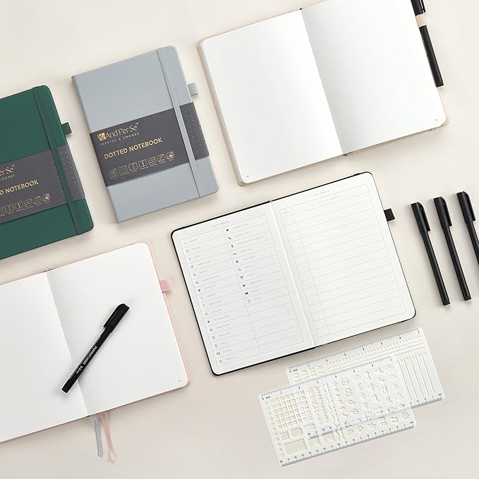 &And Per Se Bullet Dotted Journal Notebook, A5 Leather Hardcover, 176 Numbered Pages 100GSM Thick Dotted Paper, 2 Sheets of Stencils Included - 5.7'' x 8'' (Cyan)