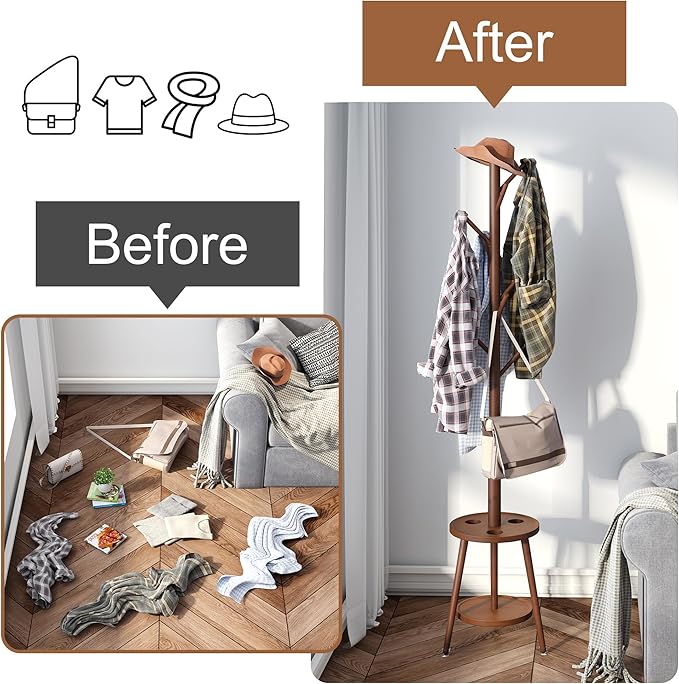 FILWH Freestanding Coat Rack with Umbrella Organizer Tray Bamboo Coat Tree Rack with 8 Hook Stand for Clothes Bag Hats Entryway Hanger Stand(Brown)