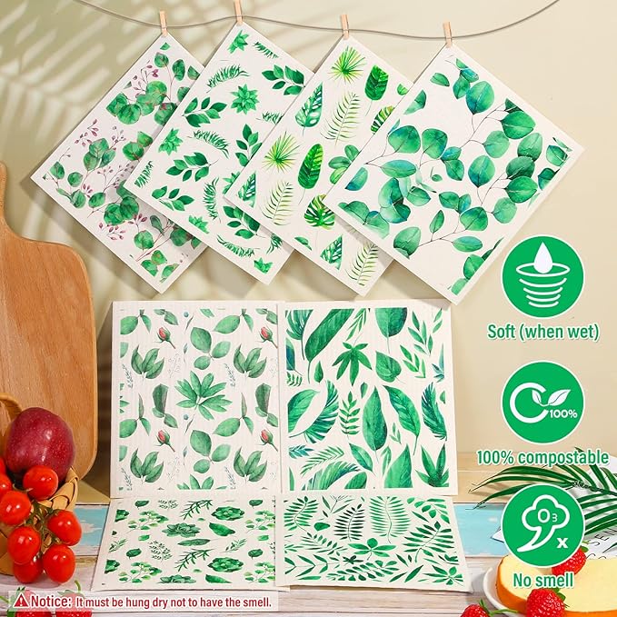 Lucomb 8 Pack Swedish Dish Cloths Washable, Reusable Cleaning Kitchen Paper Towel Sponge Dishcloths, Fast Drying Absorbent Hand Wipes Odorless Tea Towel for Kitchen Home Bar (Plants)