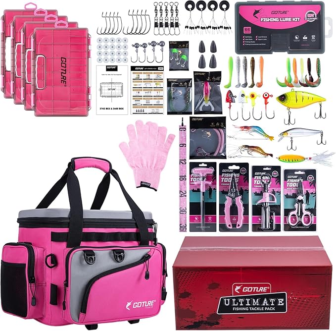 Goture Pink Fishing Rod and Reel Combos with Cooler Tackle Bag, 6FT-9FT Telescopic Fishing Pole with Spinning Reel,4 3600 Trays,Lures,Pliers,Travel Full Kit for Freshwater Saltwater, Women/Beginners