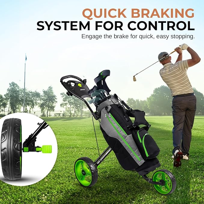 JOVIAL Foldable 3 Wheel Junior Golf Push Cart, Lightweight Aluminum Pull Cart with Deluxe Scorecard Holder, Adjustable Handle, Quick Brake System, Compact Folding Golf Trolley with Strap Support