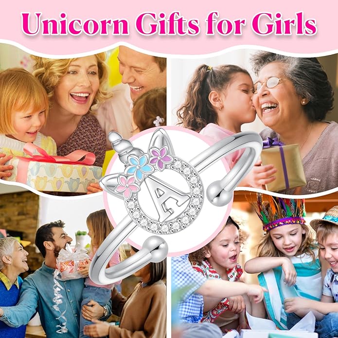 Unicorn Rings Gifts for Girls - Adjustable Initial Ring Dainty Cute Unicorn Rings for Girl Teens Little Girls Jewelry Birthday Gift