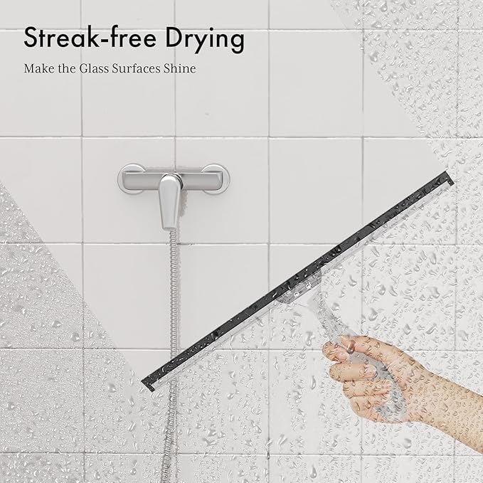 AmazerBath Shower Squeegee for Glass Doors, All-Purpose Squeegee with Suction Hook & Adhesive Hook, Clear Squeegee for Shower Glass, Windows, Mirrors, Tiles and Car Windows - 12 Inches, Clear