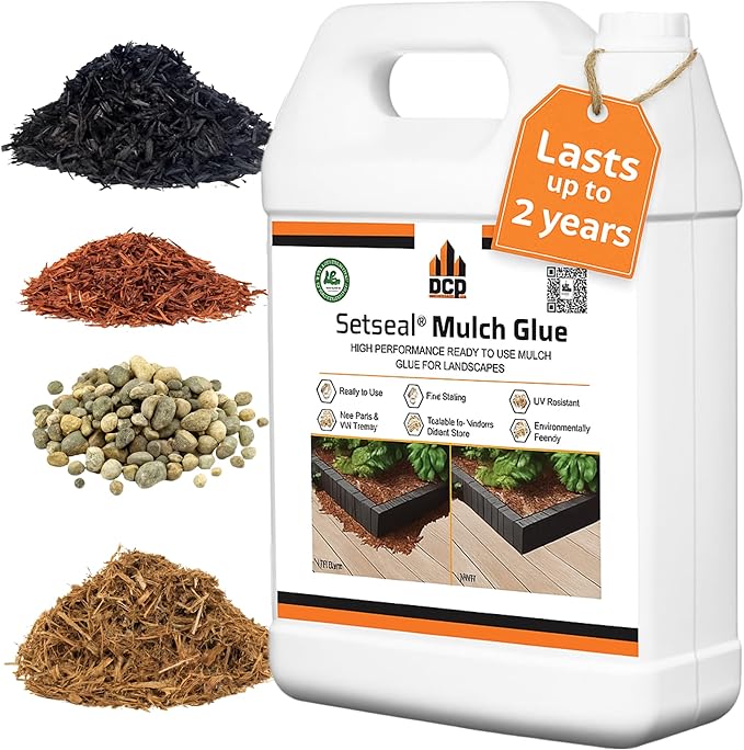 DCP Setseal Mulch Glue for Landscaping 1 Gallon - Gravel Stabilizer & Rock Glue - Works with Mulch, Pea Gravel, Pebble, Rubber Mulch, Large Gravel, Rocks - Ready-to-Use, Non-Toxic, Fast Drying