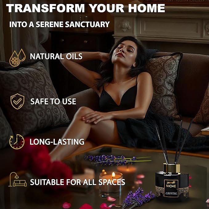 Luxury Jasmine NICHE Reed Diffuser Set 5.41 fl oz Long Lasting Home Fragrance Aromatherapy Diffuser with 6 Sticks Black Gold Bottle for Bedroom Bathroom Living Room Office Home Décor (Crystal)