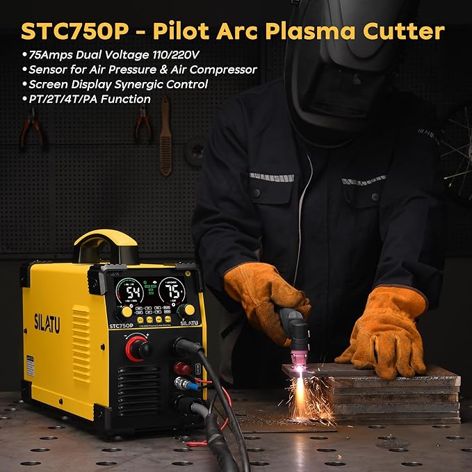 SILATU 75Amps Plasma Cutter, Large LED Display, Non-Touch Pilot Arc, Air Sensor Technology, 110/220V Dual Voltage IGBT Inverter Plasma Cutter Machine, 1'' Max Cutting Thickness for Beginners DIY