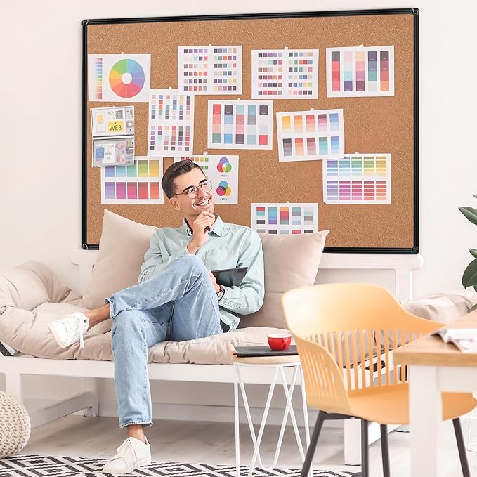 Board2by Extra Large Cork Bulletin Board 48" X 48", Black Aluminum Framed 4'x4' Corkboard for Wall, Wall Mounted Notice Pin Board with 18 Push Pins for School, Home & Office