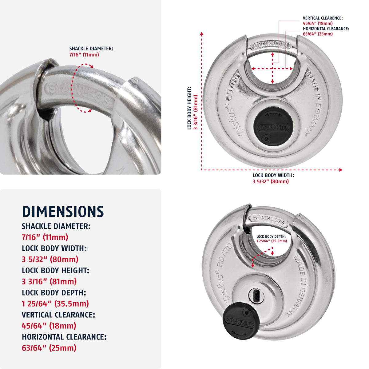 ABUS Diskus 20/80 Heavy Duty Stainless Steel Disk Padlock - Rustproof Circle Storage Lock with 7/16" Shackle - Made in Germany - Keyed Different