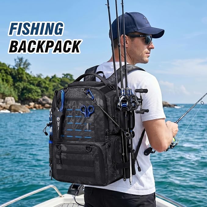 Fishing Tackle Backpack with Tackle Boxes, Two Rod Holders, Bottle Holder, 50L Waterproof Tackle Bag for Fishing Gear, Fish Gifts for Men, Black Camo (4 Tackle Boxes Included