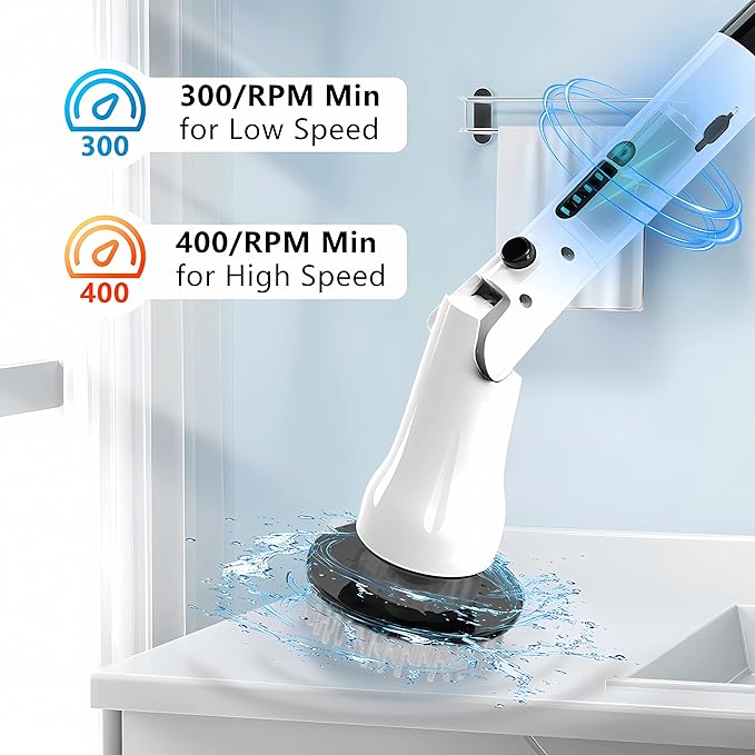 Electric Spin Scrubber, Hillyfe Power Shower Cleaning Brush with 7 Replaceable Brush Heads, IPX7 Waterproof, 2 Speeds (300/400 RPM) Electric Scrubber with Wall Mount Hook for Bathtub, Floor
