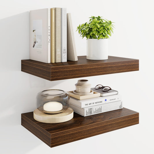 Marsmiles 16" Floating Shelves for Wall, Wooden Shelves with Invisible Brackets Set of 2, Rustic Farmhouse Wall Mounted Shelf for Kitchen Bathroom Living Room Study, Walnut