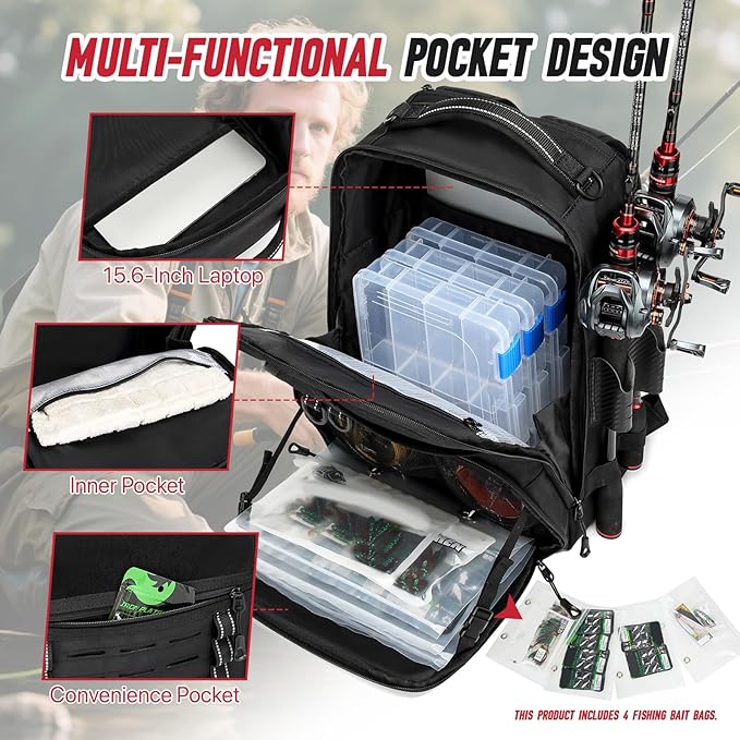 Fishing Tackle Backpack,Tackle Bags with 2 Rod Holders,Water-Resistant Tackle Bag Storage Bag for Fishing Gear(Black)