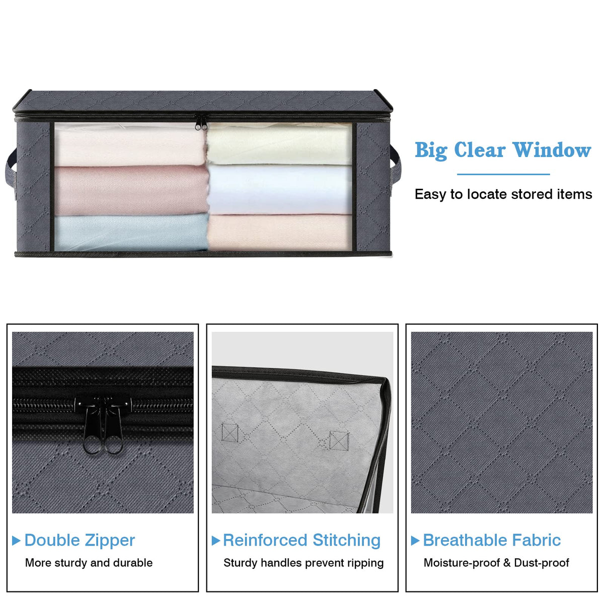 HomeHacks Storage 3-Pack Clothes Organizer Storage Bags Foldable Storage Box with Large Clear Window Sturdy Handles for Closet, Dorm, Pillows, Bedding, Clothes, Blankets, 35L, Gray