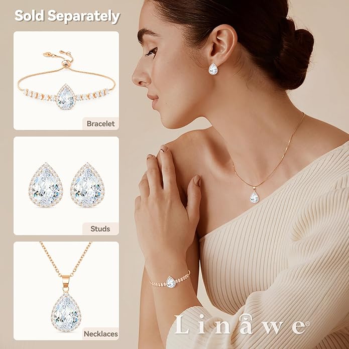 Linawe Crystal Imitation Diamond Rhinestone Charm Bracelets for Women, Gold/Silver/Rose Gold Adjustable Chain Bracelet, Teardrop Birthstone Cubic Zirconia Prom Costume Wedding Jewelry