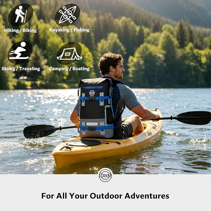 STOVER 40L Waterproof Dry Backpack & Phone Case - X-Large Floating Dry Bag for Kayaking, Travel, Hiking, Fishing, Camping, Motorcycles & Beach, Heavy-Duty Roll Top Men/Women (Black/Grey/Blue)