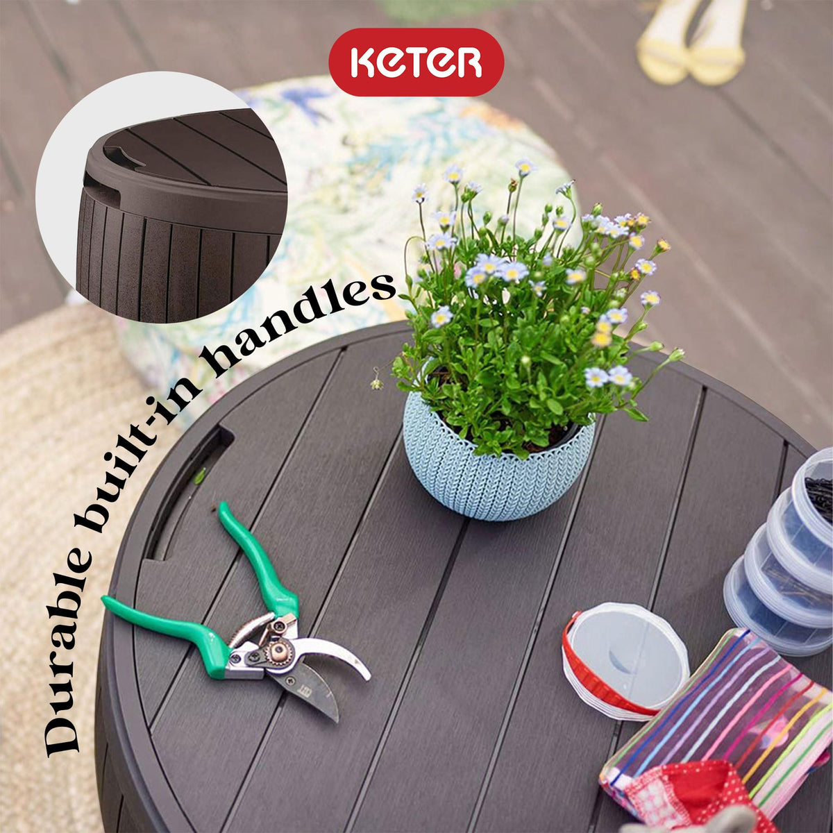Keter Outdoor Storage Deck Box, 37 Gallon Waterproof Patio Table Bin, Circa, Brown