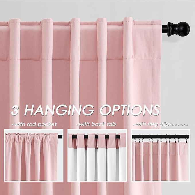 Pink Linen Curtains 90 inch Length 2 Panels Set for Bedroom Thermal Insulated 100% Blackout Linen Drapes Back Tab Neutral Rustic Modern Farmhouse Room Darkening Curtain 52x90