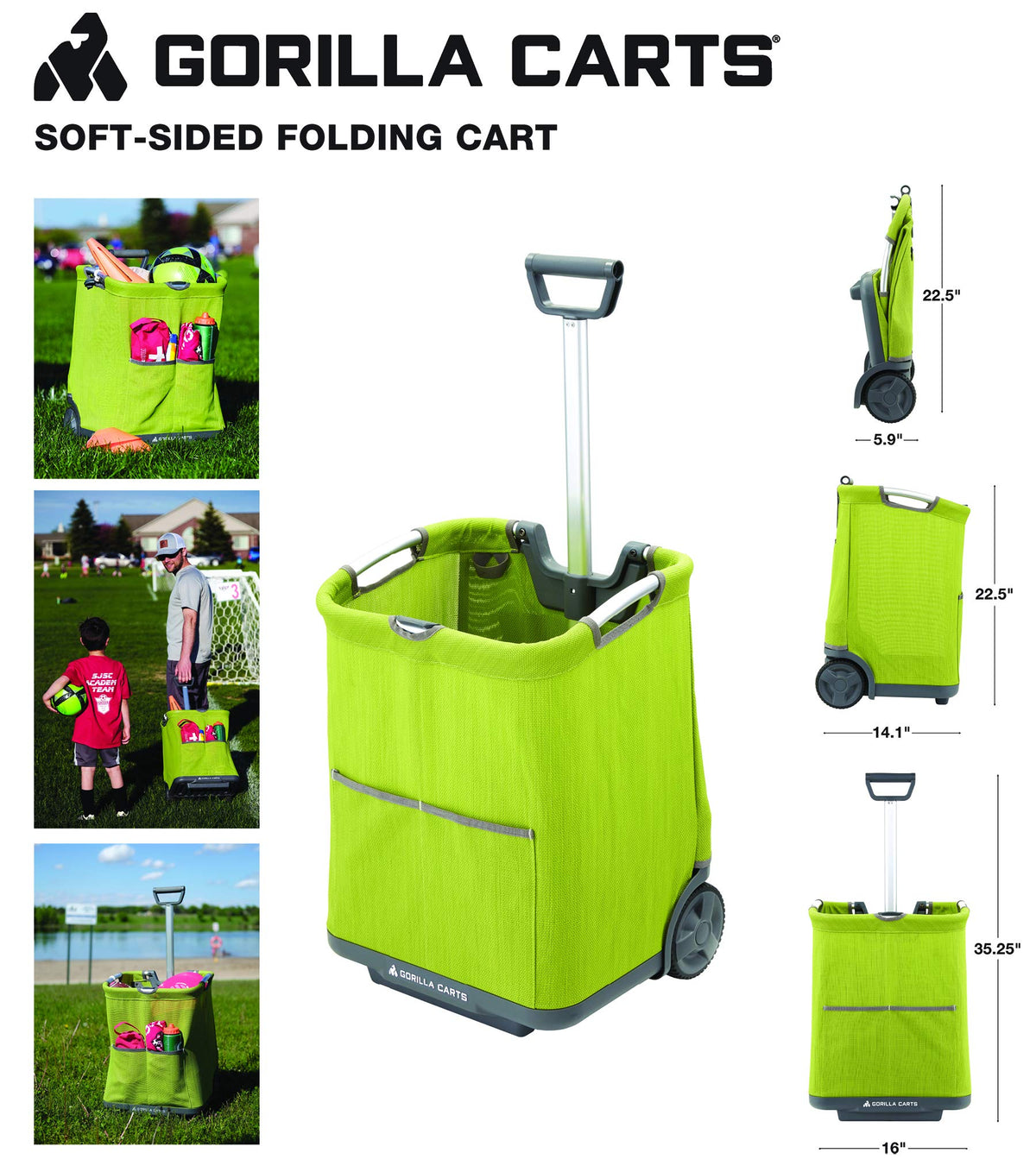 Gorilla Carts GCSS-11G-COM Collapsible Soft-Sided Folding Garden Cart, 150-Pound Capacity, Green