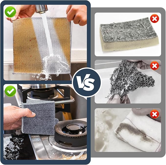 Navona 12Pack Steel Wire Dishcloth, Include 6Pack Triple-Layer Steel Wire Cleaning Cloth, 6Pack Dry and Wet Dual-Use Steel Wire Cleaning Cloth, Powerful Cleaning for Cookware, Sinks, Dishes